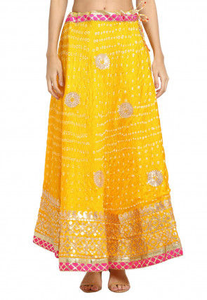 Gota Embroidered Taffeta Silk Flared Skirt in Yellow
