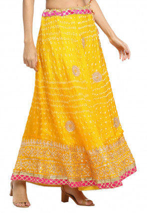 Gota Embroidered Taffeta Silk Flared Skirt in Yellow