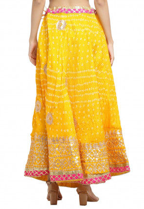 Gota Embroidered Taffeta Silk Flared Skirt in Yellow