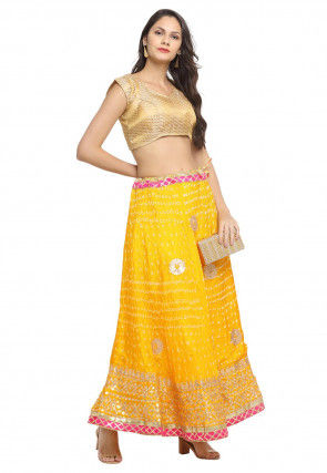 Gota Embroidered Taffeta Silk Flared Skirt in Yellow