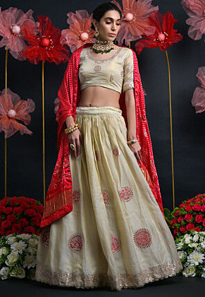 Gota Embroidered Viscose Silk Jacquard Lehenga in Cream