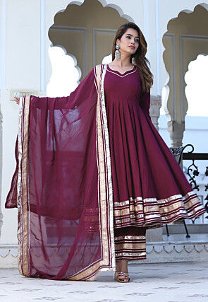 Gota Lace Cotton A Line Suit in Wine