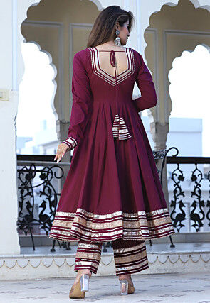 Gota Lace Cotton A Line Suit in Wine