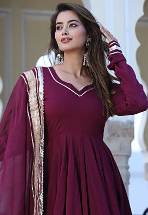 Gota Lace Cotton A Line Suit in Wine