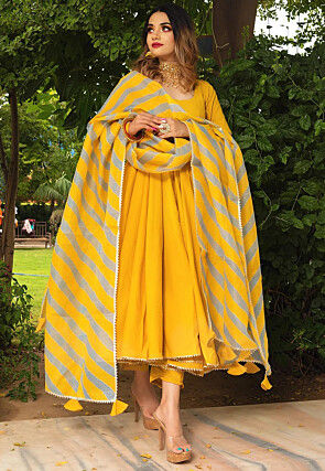 Gota Lace Cotton A Line Suit in Yellow