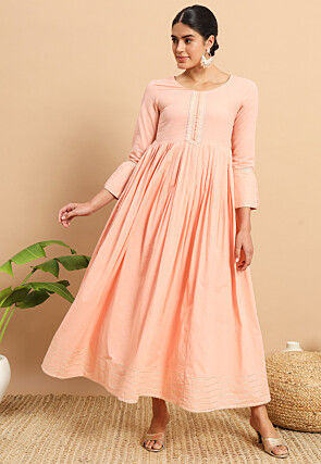 Gota Lace Cotton Long Kurta in Peach