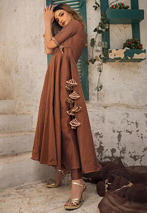 Gota Lace Cotton Silk A Line Suit in Brown