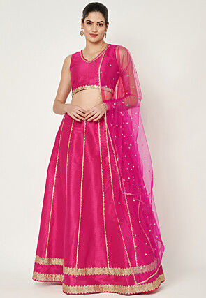 Gota Lace Dupion Silk Lehenga in Fuchsia