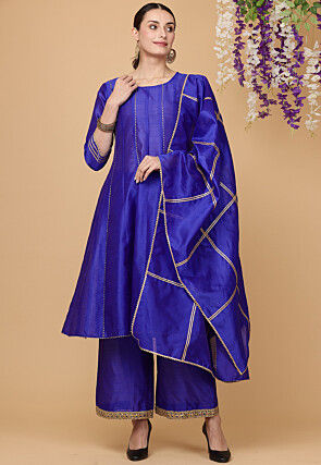 Gota Lace Dupion Silk Pakistani Suit in Royal Blue