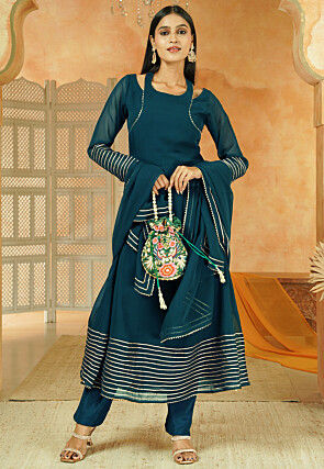 Gota Lace Georgette A Line Suit in Teal Blue