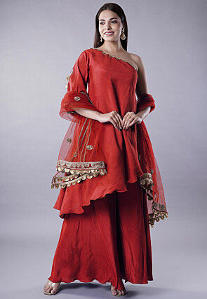 Gota Lace Muslin Silk Pakistani Suit in Red
