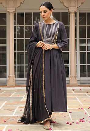 Gota Lace  Pure Cotton A Line Suit in Black