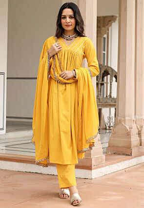 Gota Lace  Pure Cotton A Line Suit in Mustard