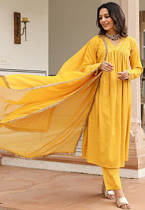 Gota Lace  Pure Cotton A Line Suit in Mustard
