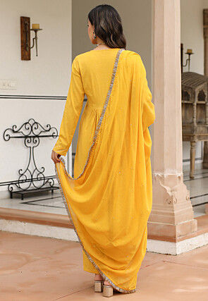 Gota Lace  Pure Cotton A Line Suit in Mustard