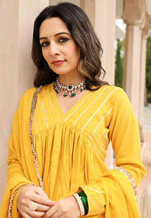 Gota Lace  Pure Cotton A Line Suit in Mustard