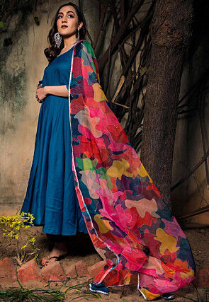 Gota Lace Rayon A Line Suit in Royal Blue