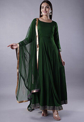 Gota Lace Rayon Abaya Style Suit in Dark Green