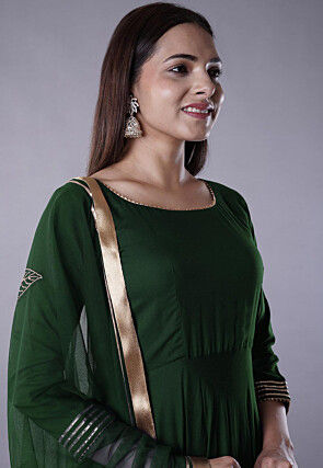 Gota Lace Rayon Abaya Style Suit in Dark Green