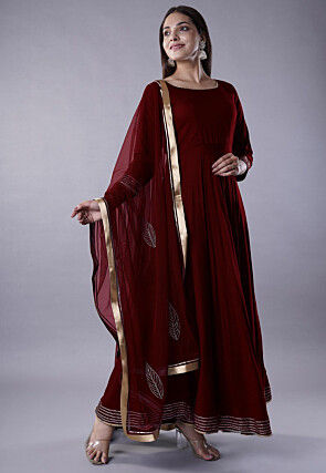 Gota Lace Rayon Abaya Style Suit in Maroon