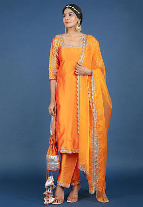 Gota Lace Taffeta Silk Pakistani Suit in Orange