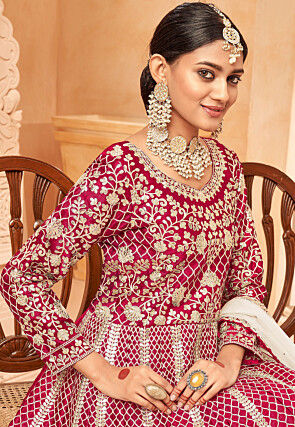 Gota Patti Art Silk Abaya Style Suit in Fuchsia