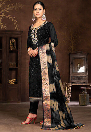 Gota Patti Art Silk Jacquard Pakistani Suit in Black