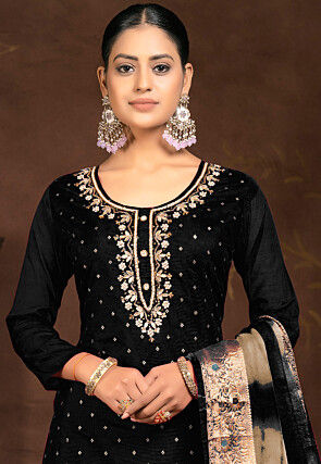 Gota Patti Art Silk Jacquard Pakistani Suit in Black
