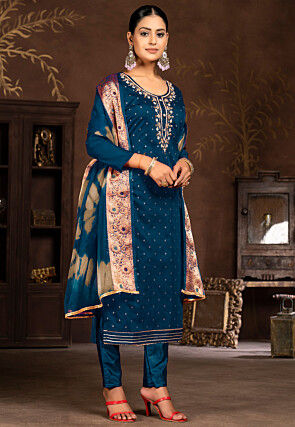 Gota Patti Art Silk Jacquard Pakistani Suit in Blue