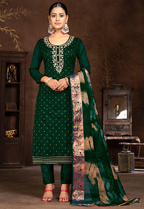 Gota Patti Art Silk Jacquard Pakistani Suit in Dark Green