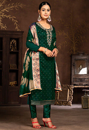Gota Patti Art Silk Jacquard Pakistani Suit in Dark Green