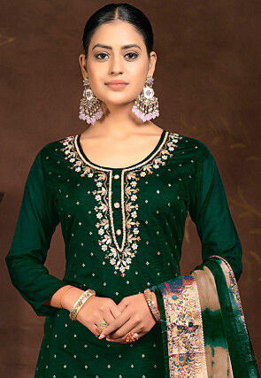 Gota Patti Art Silk Jacquard Pakistani Suit in Dark Green