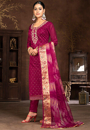 Gota Patti Art Silk Jacquard Pakistani Suit in Magenta