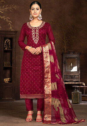 Gota Patti Art Silk Jacquard Pakistani Suit in Maroon