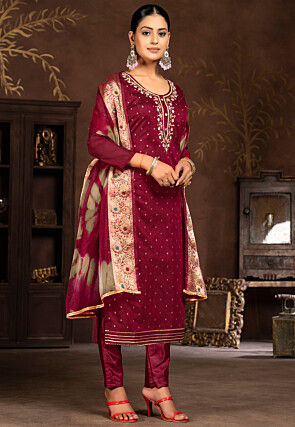 Gota Patti Art Silk Jacquard Pakistani Suit in Maroon