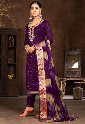 Gota Patti Art Silk Jacquard Pakistani Suit in Purple