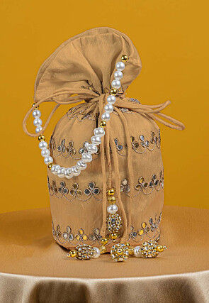 Gota Patti Art Silk Potli Bag in Beige