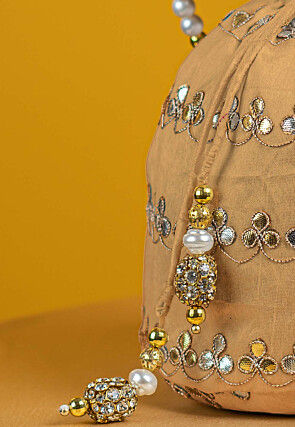 Gota Patti Art Silk Potli Bag in Beige