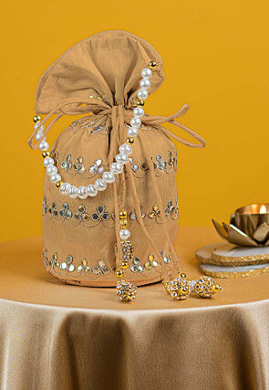 Gota Patti Art Silk Potli Bag in Beige