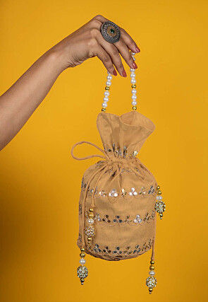 Gota Patti Art Silk Potli Bag in Beige