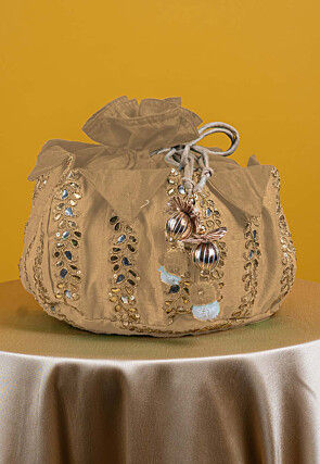 Gota Patti Art Silk Potli Bag in Beige