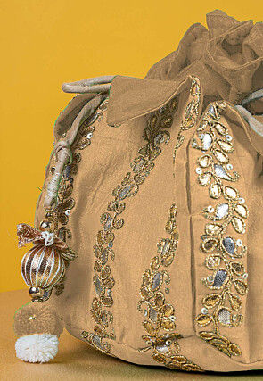 Gota Patti Art Silk Potli Bag in Beige