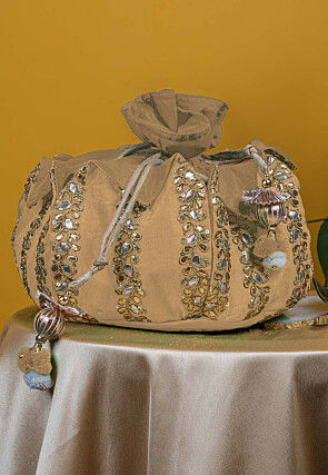 Gota Patti Art Silk Potli Bag in Beige