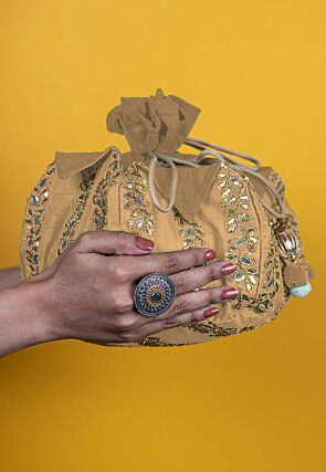Gota Patti Art Silk Potli Bag in Beige
