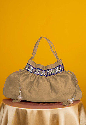 Gota Patti Art Silk Potli Bag in Beige
