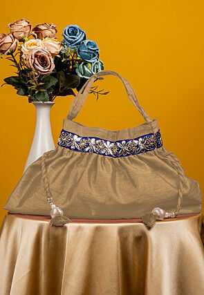 Gota Patti Art Silk Potli Bag in Beige