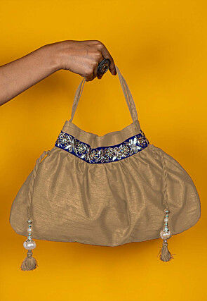 Gota Patti Art Silk Potli Bag in Beige