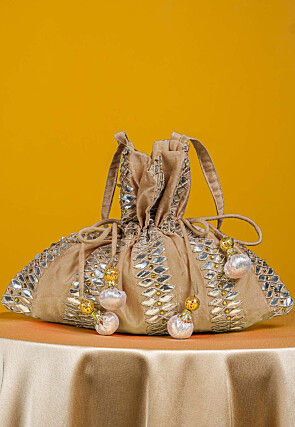 Gota Patti Art Silk Potli Bag in Beige