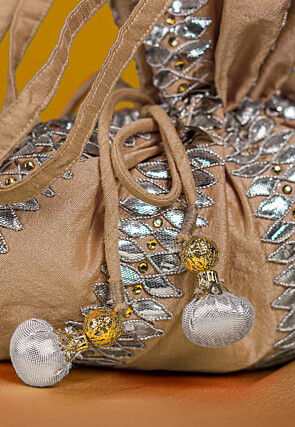 Gota Patti Art Silk Potli Bag in Beige