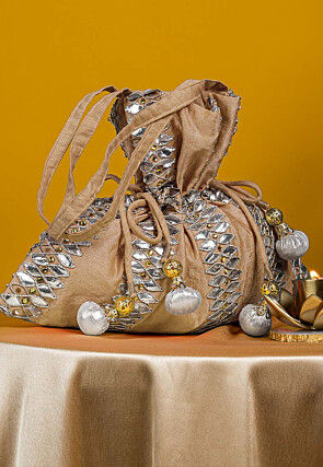 Gota Patti Art Silk Potli Bag in Beige